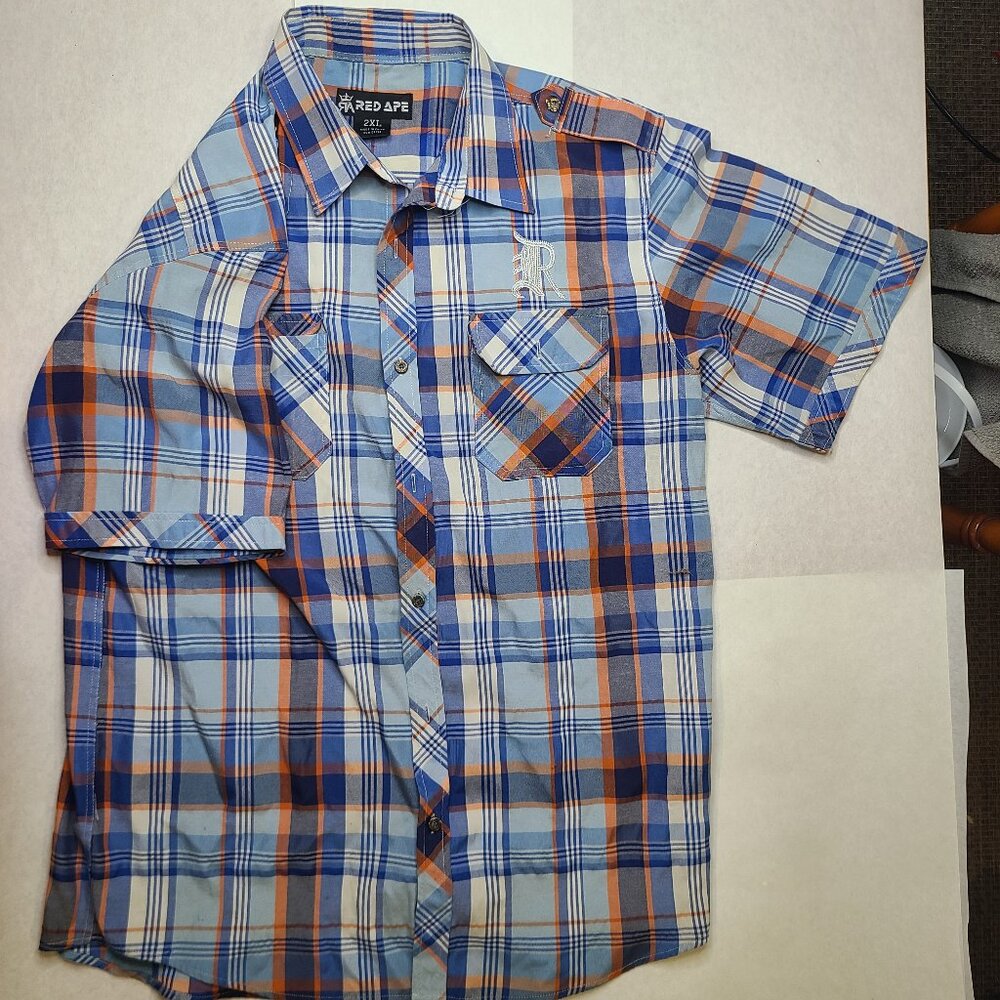 Red Ape Men’s 2XL Plaid Button-Up Shirt – Blue & Orange Casual Long Sleeve Top